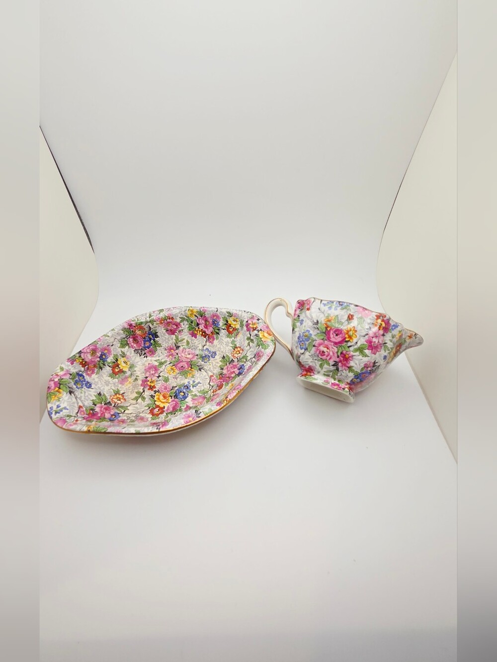 Floral Chintz Creamer and Serving Dish - Pink Multicolor